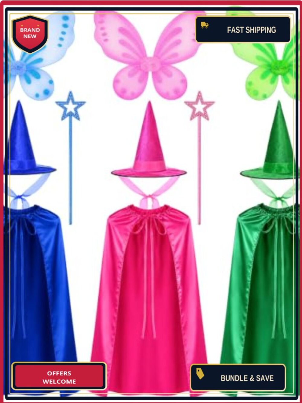 12 Pc Fairy Costume Accessories Set Satin Capes Hats Wings Wands Dress Up